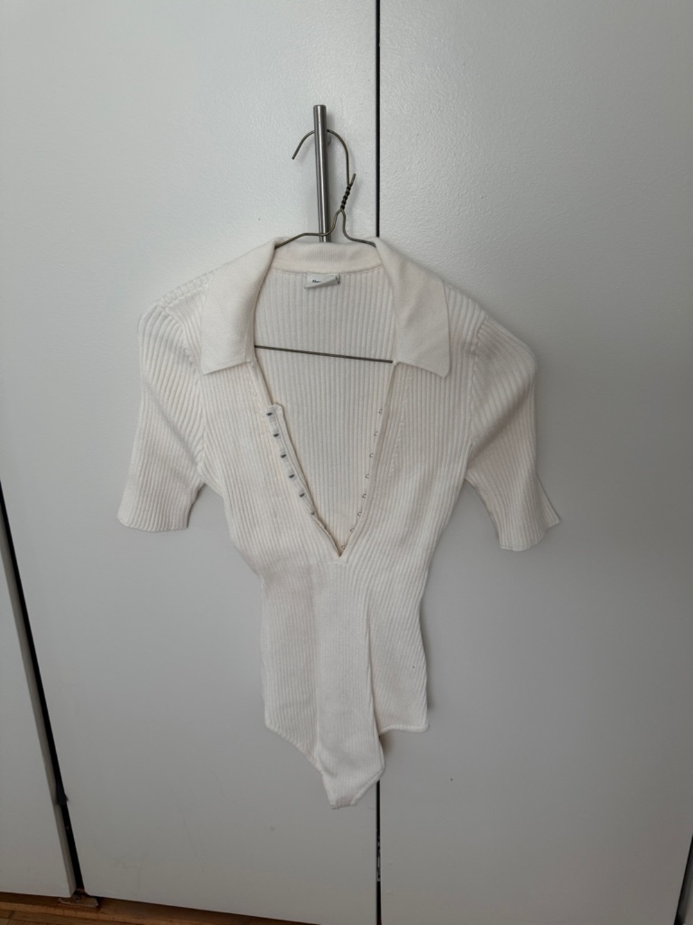 Abercrombie & Fitch Ribbed Deep-V Collared Bodysuit in Off-White